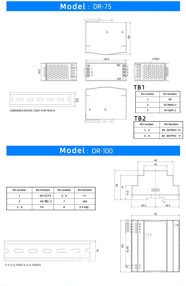 DR-60W Output 5V 12V 15V24V DIN Rail Switching Power Supply 24V DC 220V to 12V Transformer 5V Module Power Supply Box