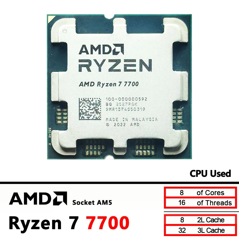 Used R7 7700 AMD Ryzen 7 7700 3.8GHz CPU processor 8-Core 16-Thread 5NM L3=32M 100-000000592 Socket AM5