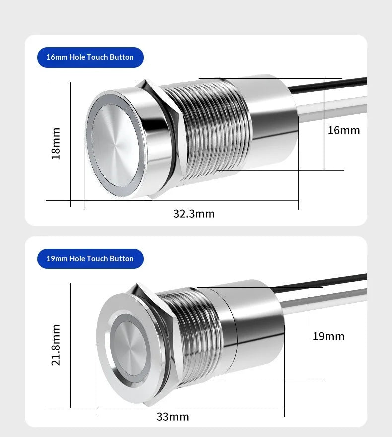 Metal touch sensor switch Stainless steel button jog delay self-locking IP68 waterproof 16/19/22/30mm