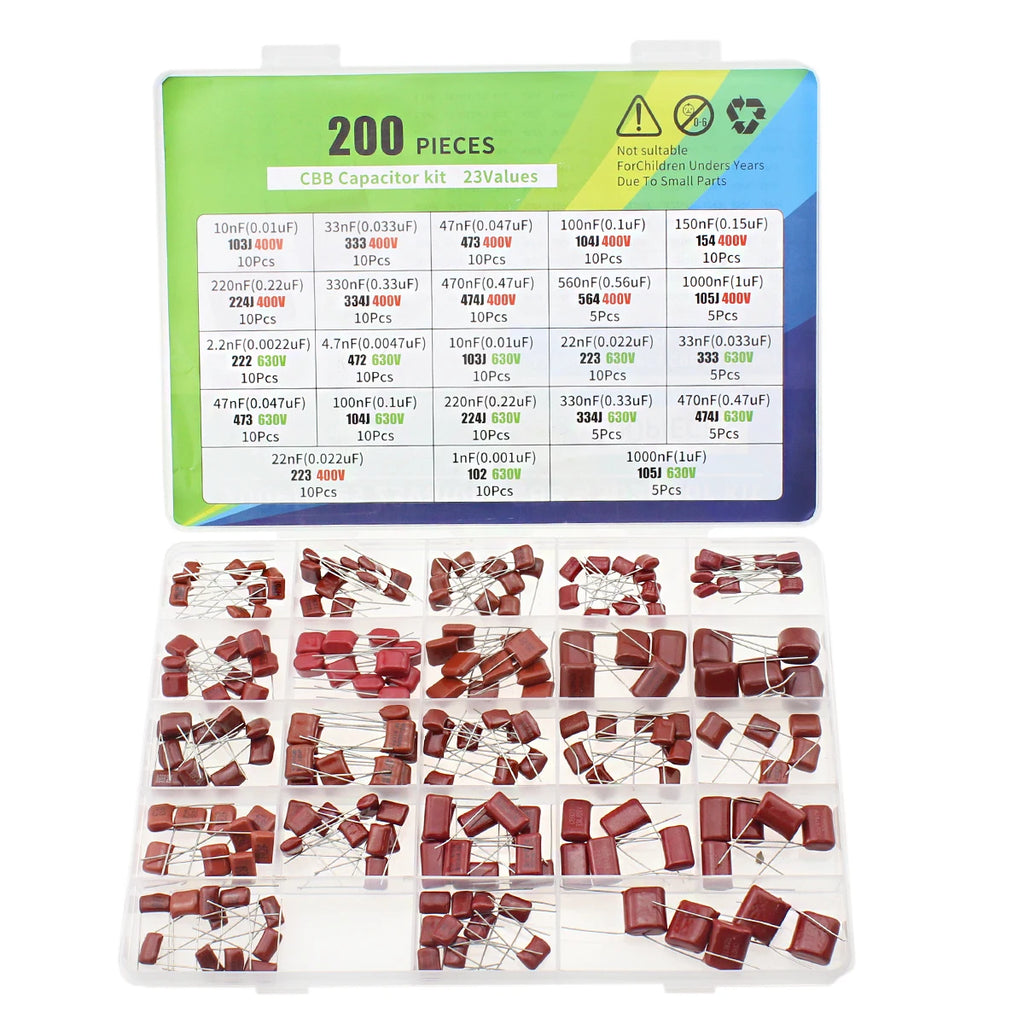 200PCS CBB Capacitor 23 Values 10nF-1000nF 330nF 560nF Metallized Polypropylene Film Capacitors DC 103J 334J 105J Assortment Kit