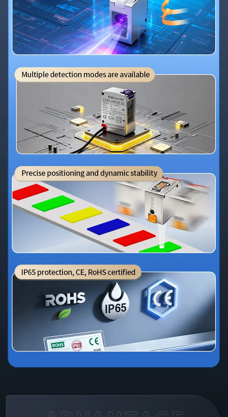 ZHICAN E3NX-L Color Mark Sensor 30-200mm Adjustable Sensing Distance High Precision Registration Detection Label Positioning