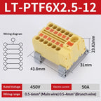 Push-in Terminal Block PTF6X2.5mm One in Multiple Out Splitter Spliceable Wire Connectors DIN Rail Junction Box Electrical Joint