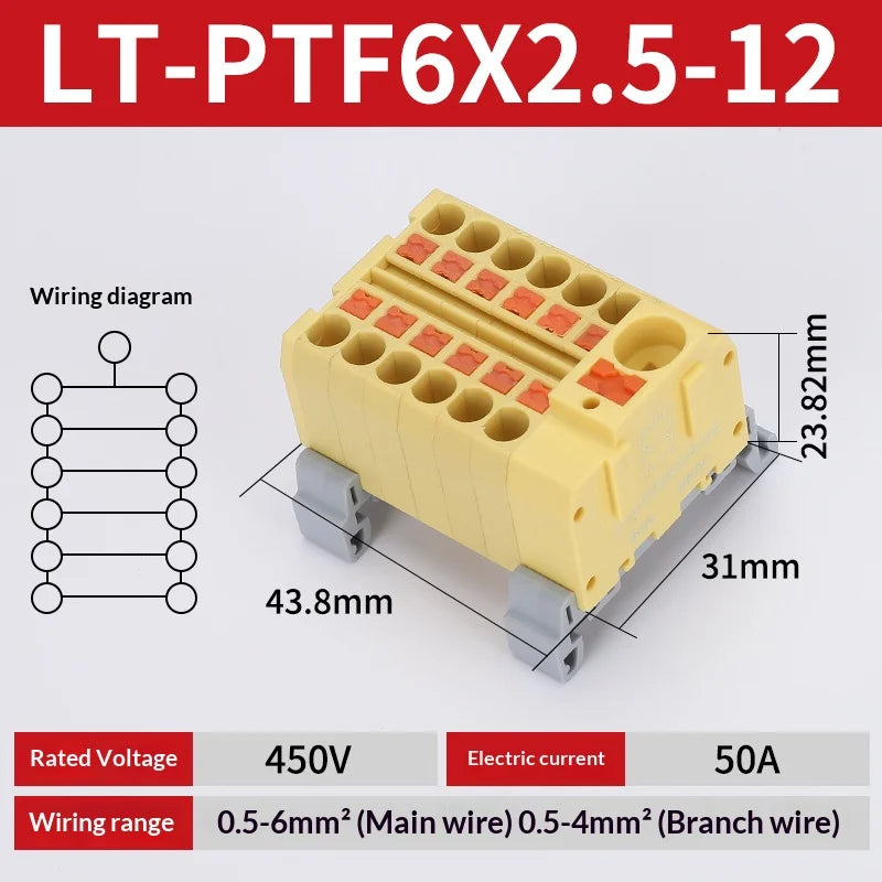 Push-in Terminal Block PTF6X2.5mm One in Multiple Out Splitter Spliceable Wire Connectors DIN Rail Junction Box Electrical Joint