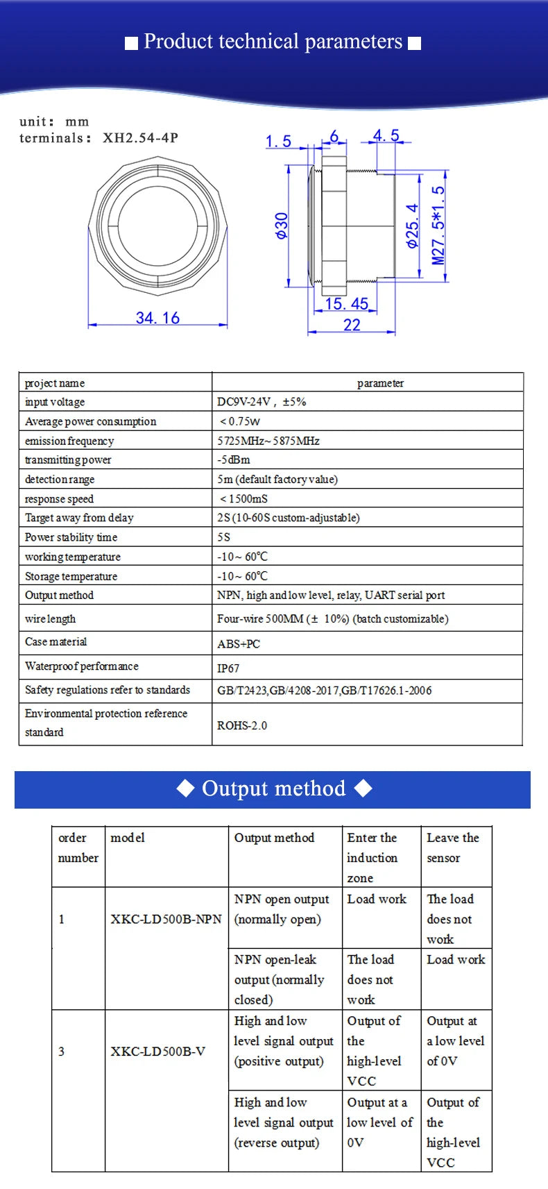 XKC-LD500B Human Existance Motion Sensor 5.8GHz Microwave Radar Action Movements Detect Human Body Presence Sensor