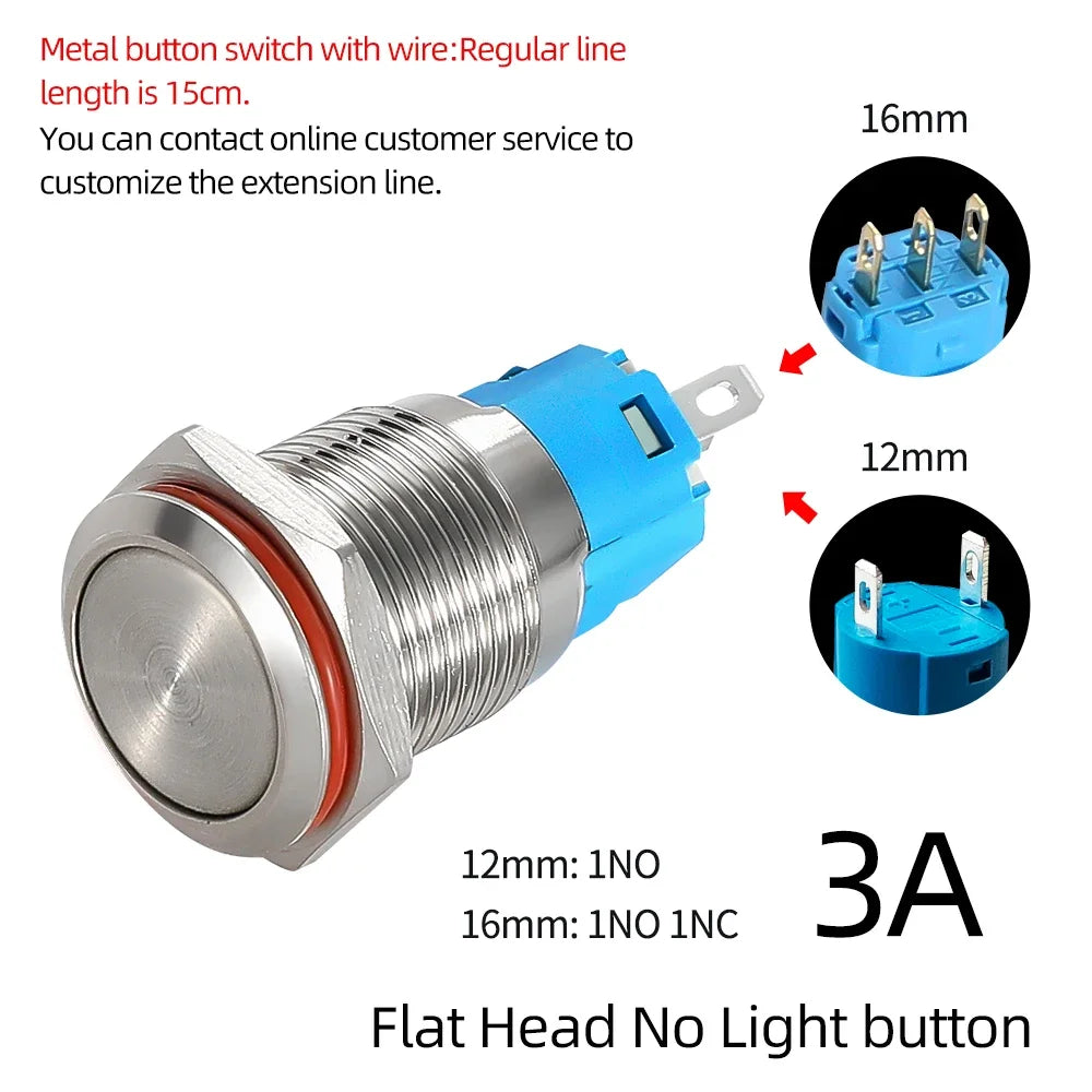12/16mm Flat LED Illuminated Reset Latching Ring LED Metal Push Button Switch Waterproof On Off with Power Symbol