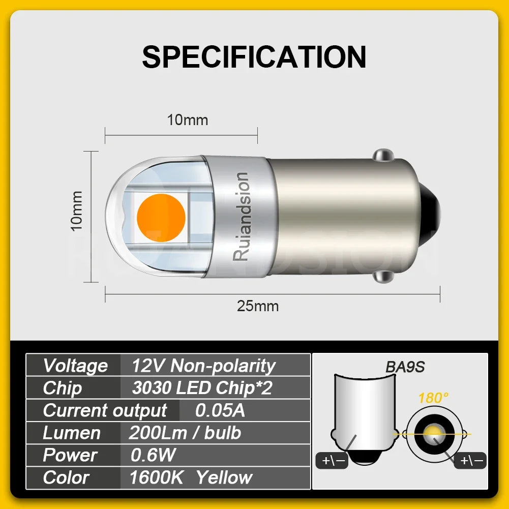 4PCS 6.3V BA9S 2 SMD 3030 LED Non Polarity 6V 12V 24V 110V 220V Car Bike Pinball Machine White Yellow 3000K
