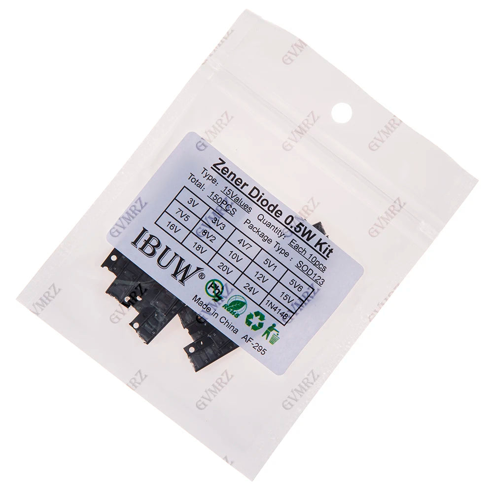 150PCS 15Values 0.5W Zener Diode Kit 3V-24V 1N4148 SOD123 for Voltage Regulation Projects 1N4148