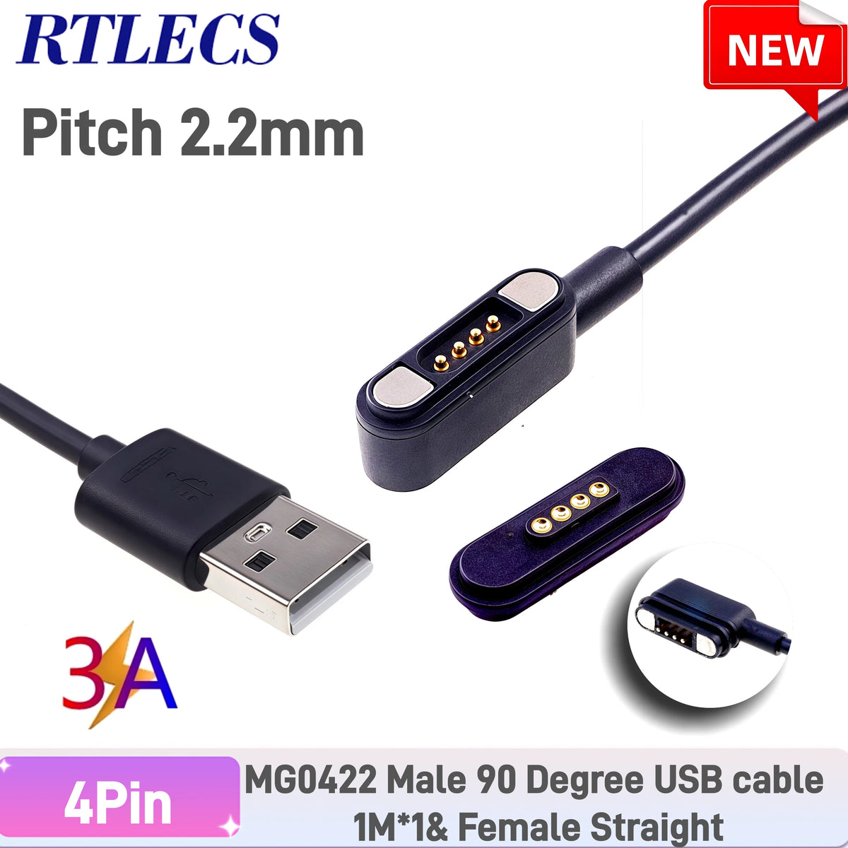 Waterproof Magnetic Pogo Pin 4 Position Cable Connector High Current 3A USB Type-C 2.2 MM THT Spring Loaded Strong Force 500G