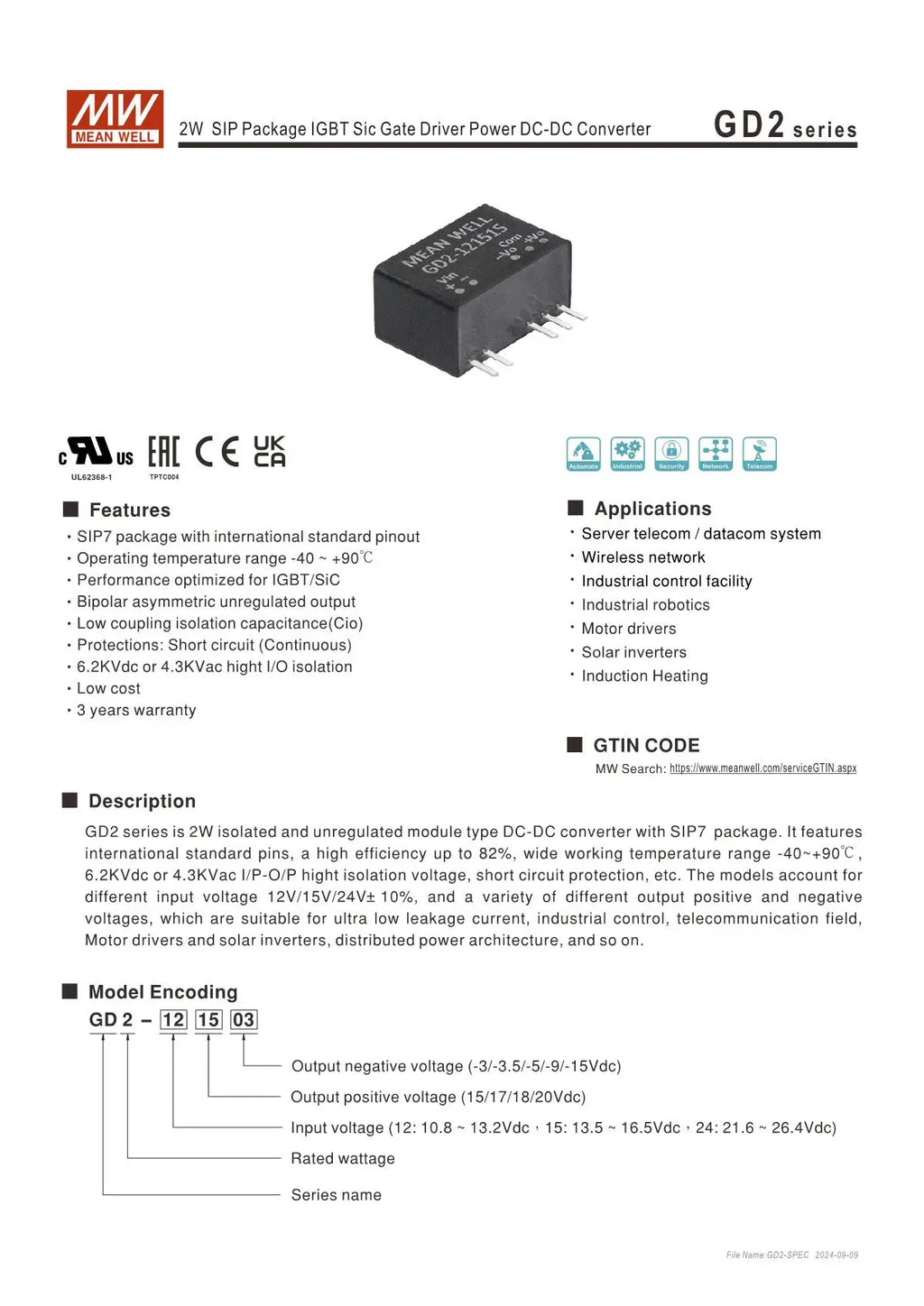GD2 2W MEAN WELL SIP Package IGBT Sic Gate Driver Power DC-DC Converter GD2-12 GD2-15 GD2-24 19mA 35mA 43mA