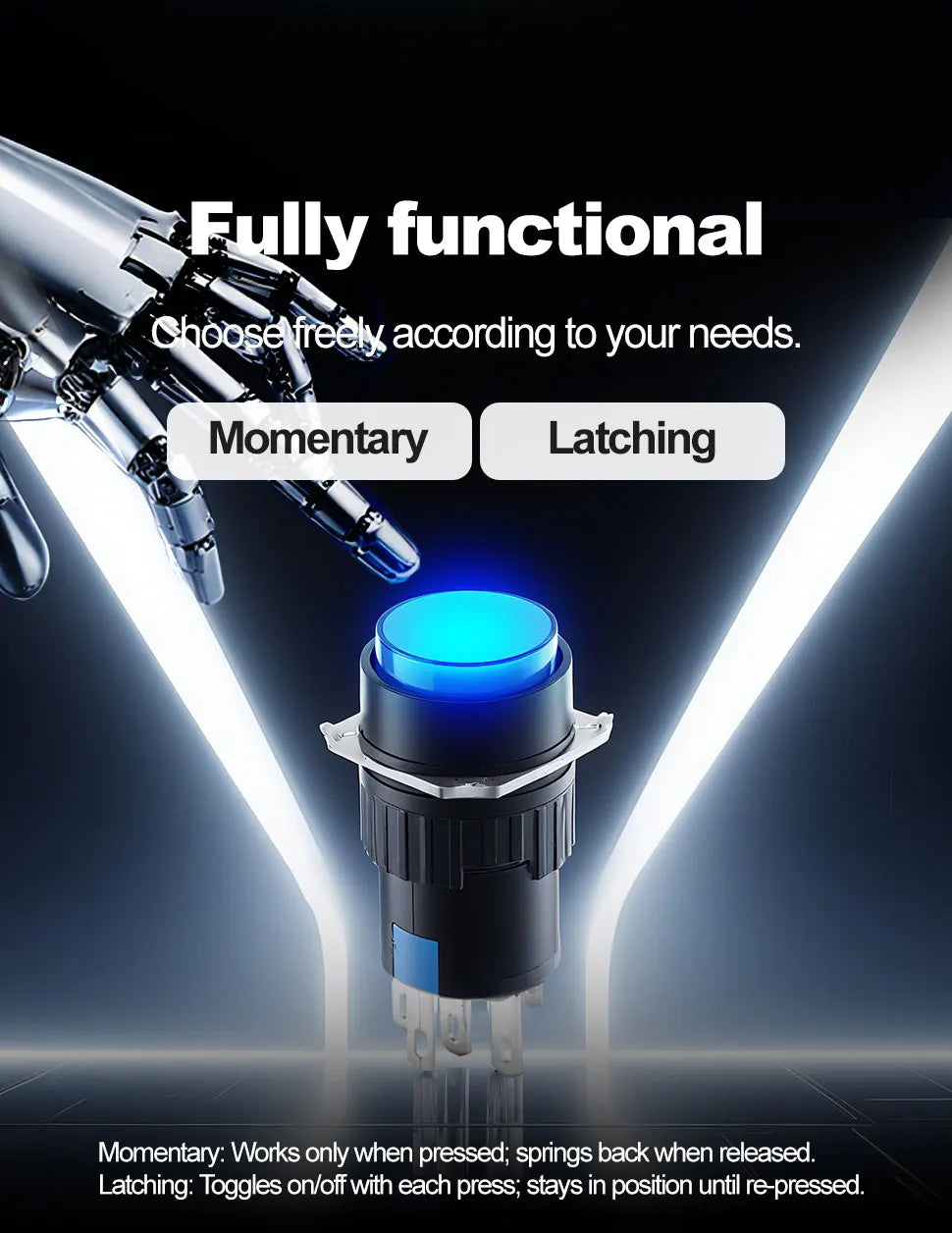 FILN 16mm 5-Unit LED Push Button Switch Momentary Latching Plastic Button 5pins Red Green Blue 12V 24V 220V Industrial Equipment