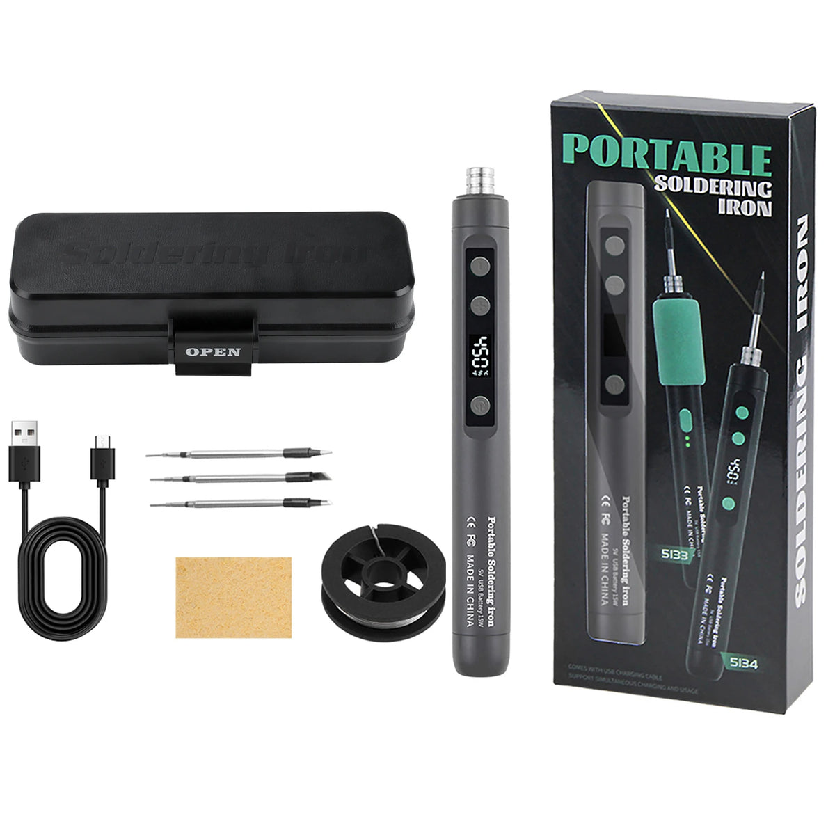 Portable Cordless Soldering Iron Kit with Adjustable Temperature 200-450℃ Type-C USB Charging for Electronics Repair
