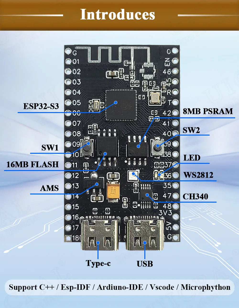 New ESP32-S3 N16R8 Development Board for Arduino 8MB PSRAM 16MB FLASH with WS2812 LED CH340 Type-C ESP32 S3 BT 2.4G Wifi Module
