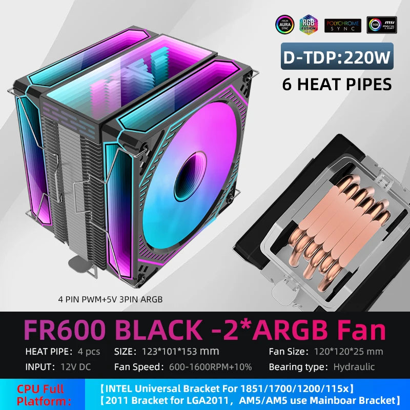 Metalfish CPU Air Cooler 4 6 Heat Pipe PC Radiator Cooling ARGB PWM 12cm Fan For 1851/1700/1200/115X/AM5/AM4/2011/X79/X99