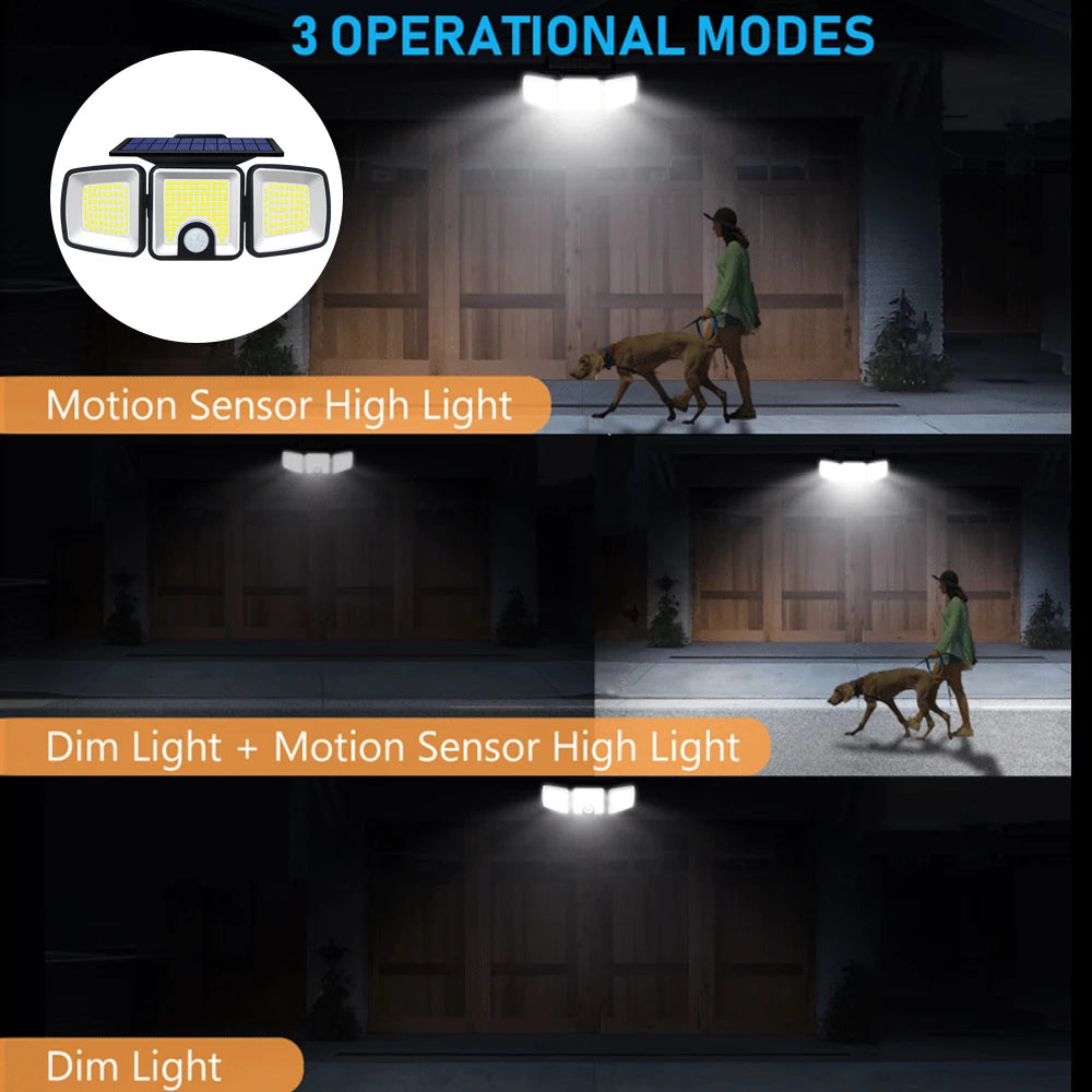 3 Heads Solar Motion Sensor Lights 236/223LED Solar Security Flood Lights Waterproof 3 Modes Wall Light Garden Yard Patio Pathwa