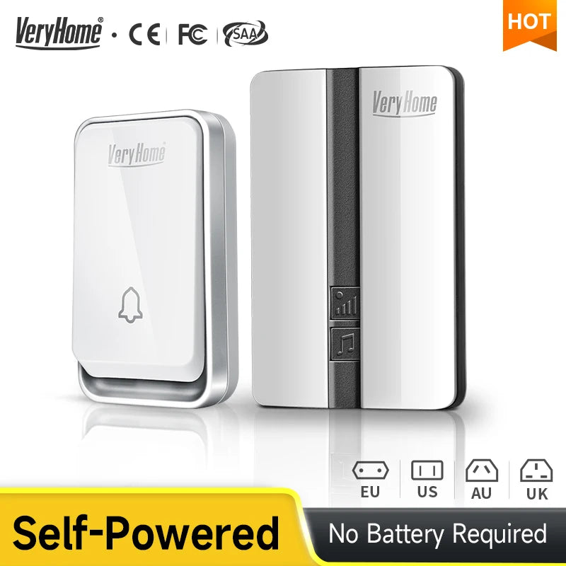VeryHome Wireless Doorbell Waterproof Self-powered Button Smart Door Bell Sets Home Welcome Outdoor House Chimes  Receiver