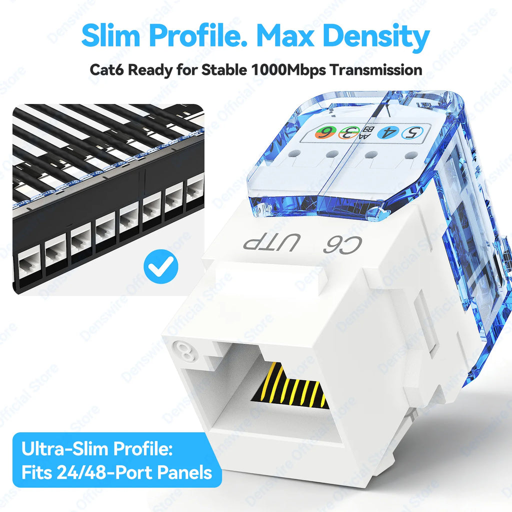 Denswire CAT6/CAT6A UTP RJ45 Keystone Jack Unshielded Ethernet Network Module Keystone Coupler 50μ Gold Contacts Dustproof Cover