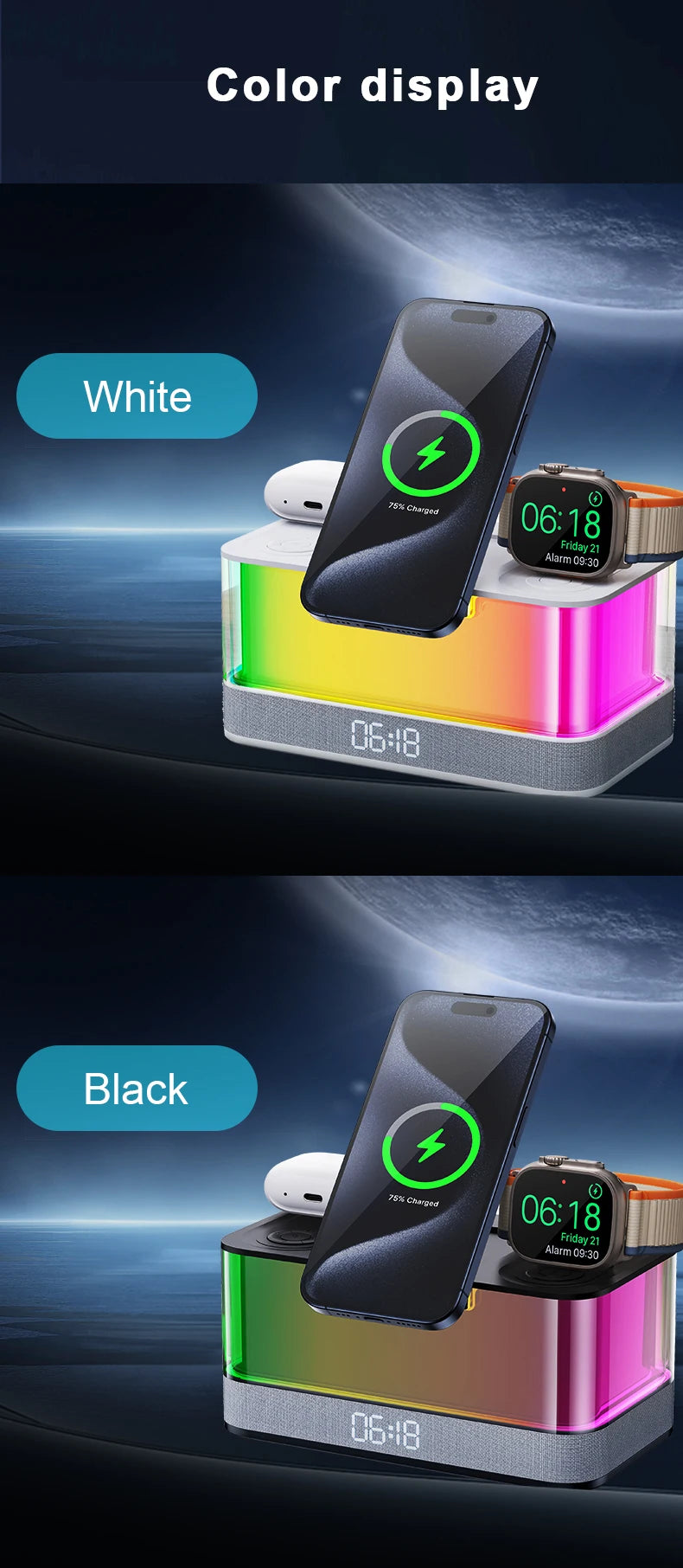 Domars Wireless Charger with Colorful Night Light and Built-In Audio Speaker Supports Fast Charging for Smartphones Earphones