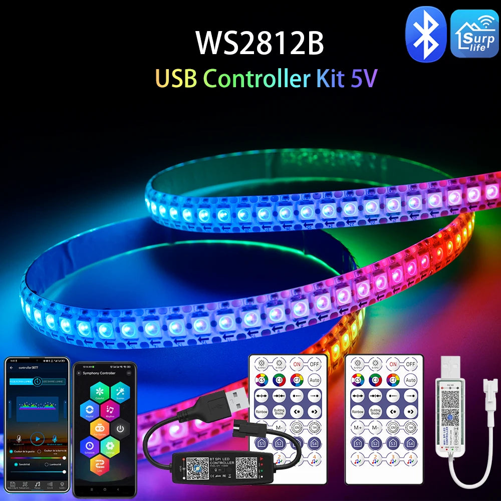 WS2812B LED Strip Bluetooth Wifi Music Controller Kit Individually Addressable Smart RGB LED Tape 30/60/74/96/144Leds/m USB DC5V