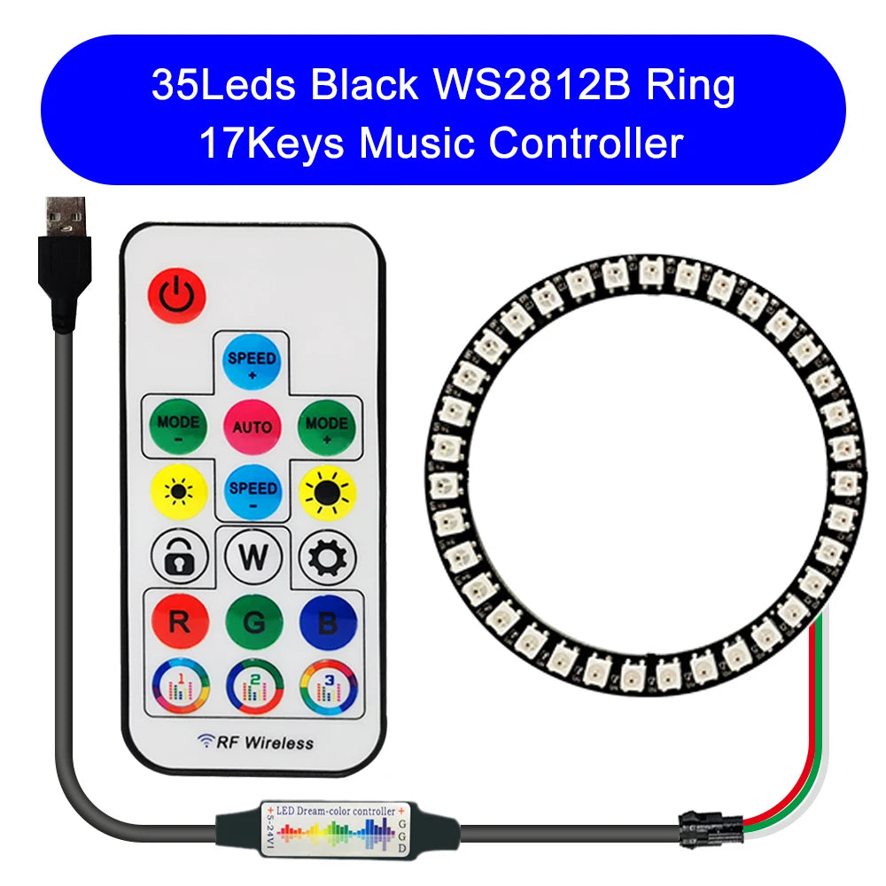 DC5V WS2812B DIY LED Ring 8 to 241 Pixels 5050 RGB Individually Addressable WS2812 Round Modules With 17Keys Music RF Controller