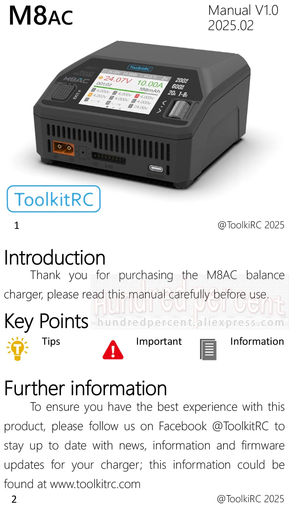 ToolkitRC M8AC Smart Lipo Battery Charger Discharger AC 200W DC 600W 20A for 1-8S LiHV Lipo Battery PD 65W FPV Model Parts Car