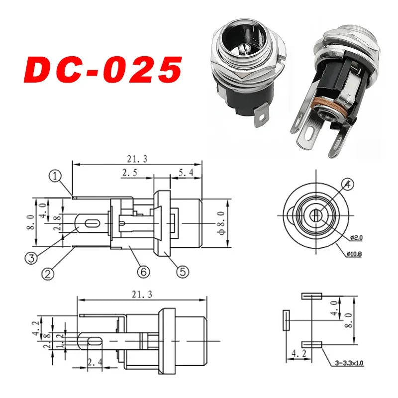 10Pairs DC Power Supply Jack Socket Female Panel Mount Connector 3-Pin 5.5x2.1mm 5.5mm*2.5mm Male DC Power Plug