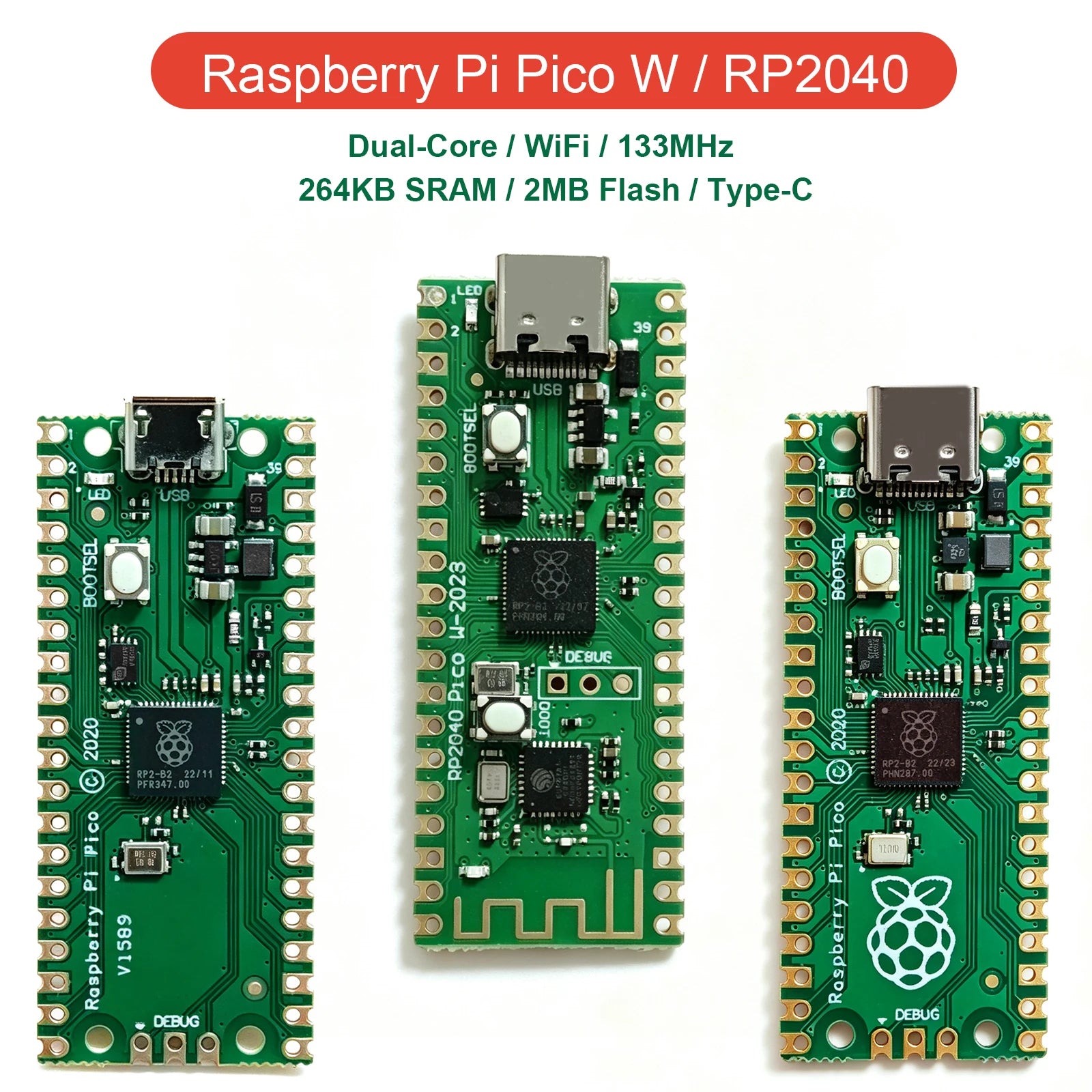 Raspberry Pi Pico W RP2040 Dual-Core ARM Cortex-M0+ Microcontroller 264KB WiFi Type-C Micro USB Board MicroPython IoT