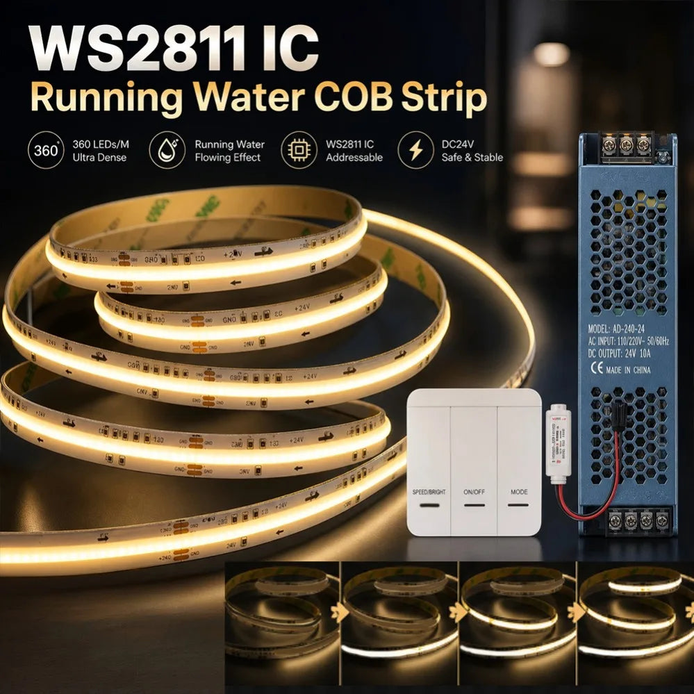 DC24V WS2811 COB LED Light Strip Kit 5M 10M 360LEDs/m Addressable Running Water Flowing Lamp With Wireless Controller Power Kit