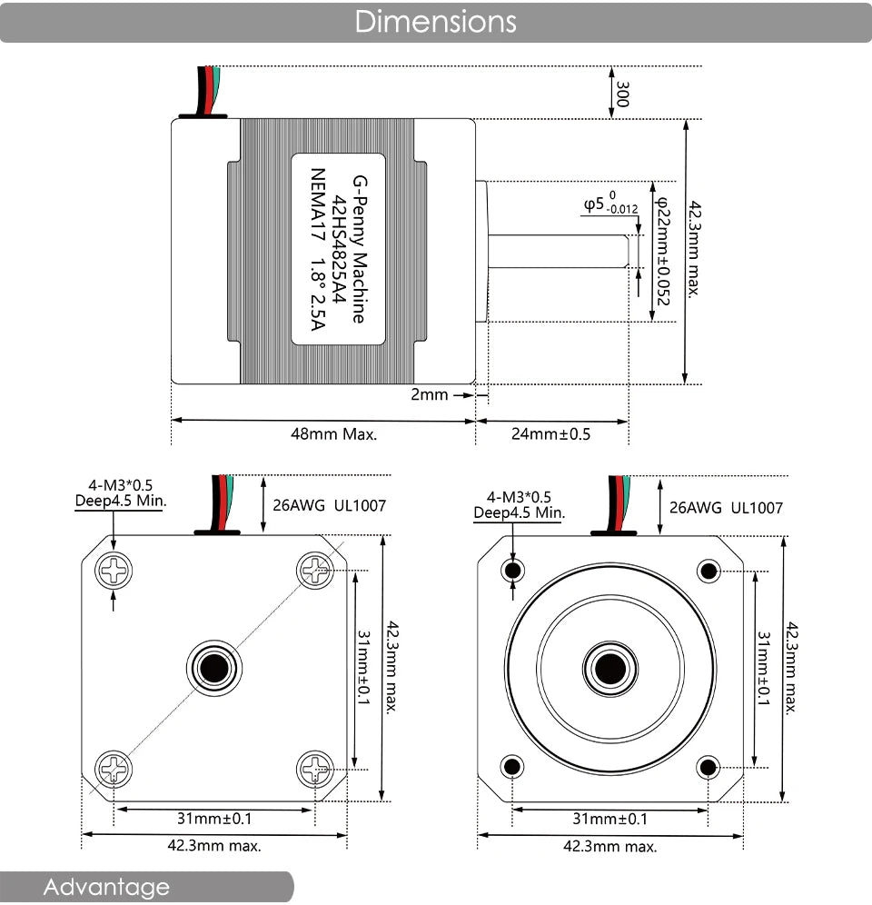 G-Penny Nema17 42HS4825A4 Stepper motor 2.5A 0.50N.m 71OZ-IN 1.8 degree 4-Lead For 3d printer cnc