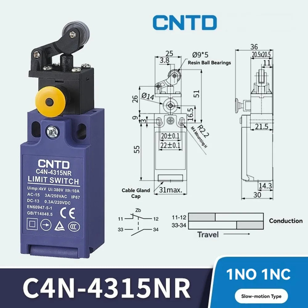 CNTD C4N‑NR Series vertical safety Micro Limit Switch IP65 Waterproof and dustproof Silver contact Safety Interlock C4N-4304NR