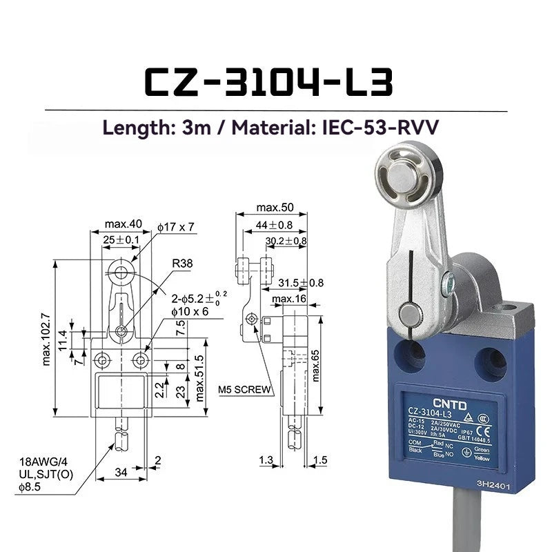 CNTD Micro Travel Limit Switch CZ‑3 Series CZ‑3101 CZ‑3104 CZ‑3108 CZ‑3112 IP67 Waterproof 5A 250V Position Control Switch