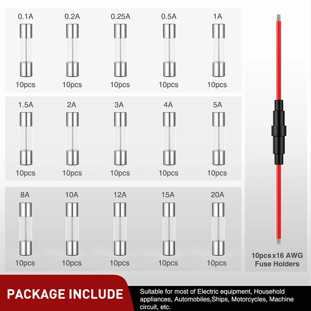 150PCS fast burning glass fuses with 10PCS 5x20mm inline fuse holder screw type 16AWG 250V 0.1A-20A glass tube fuse combination
