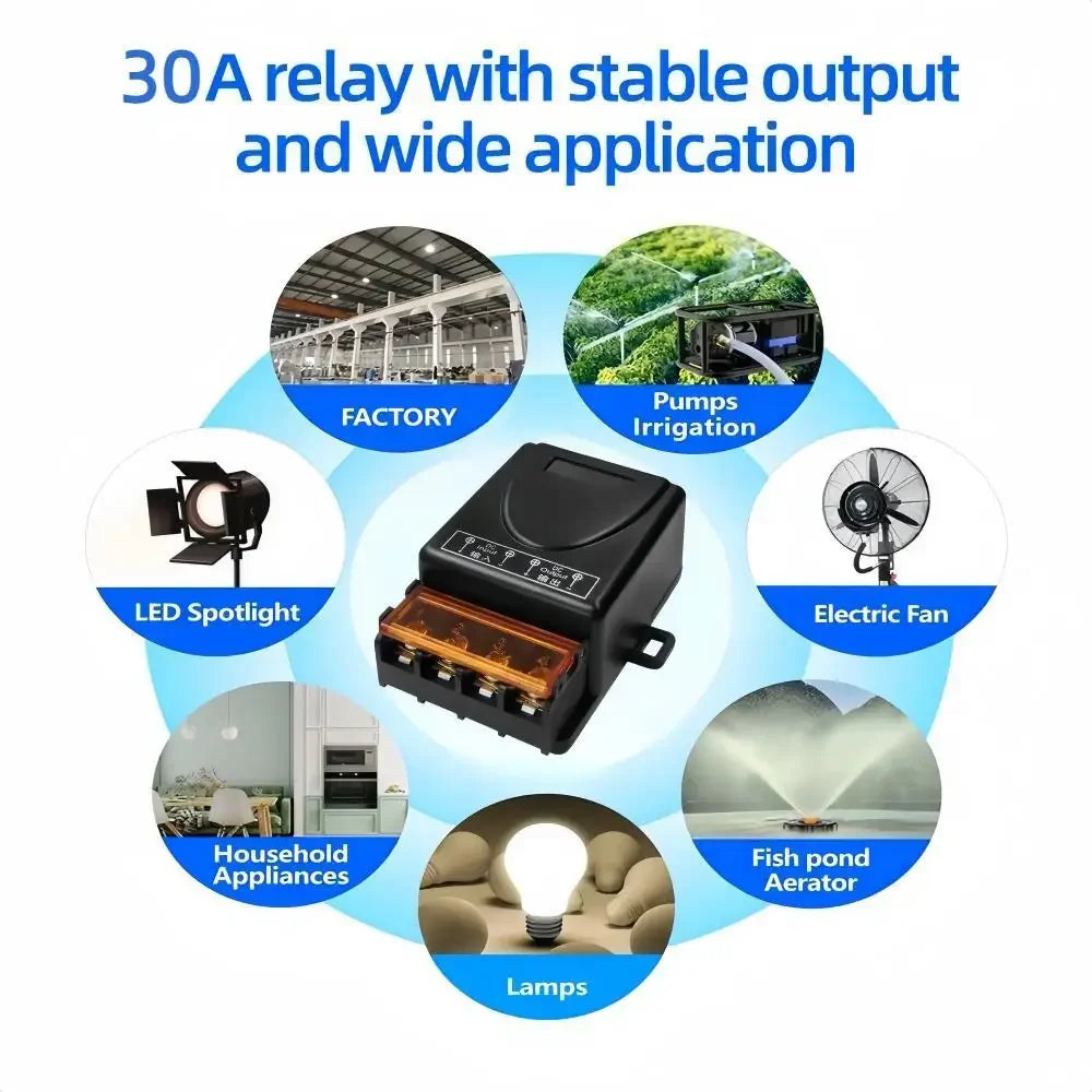 433Mhz Wireless Remote Control Switch 30A DC 12V 24V 36V 85V High Power RF Relay Receiver for Pumps Light Lamp LED 100m Range