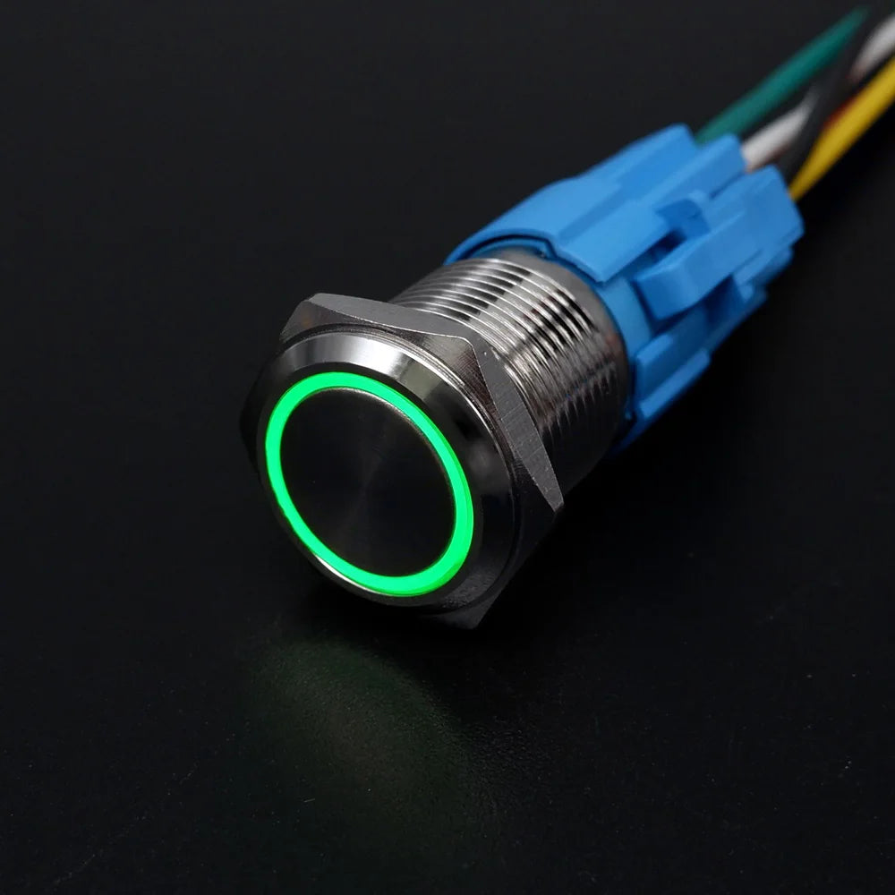 16/19/22mm Metal Push Button On Off Switch LED Light Momentary Latching Waterproof Flat Circular Button Silver Black 6v 12v 220v