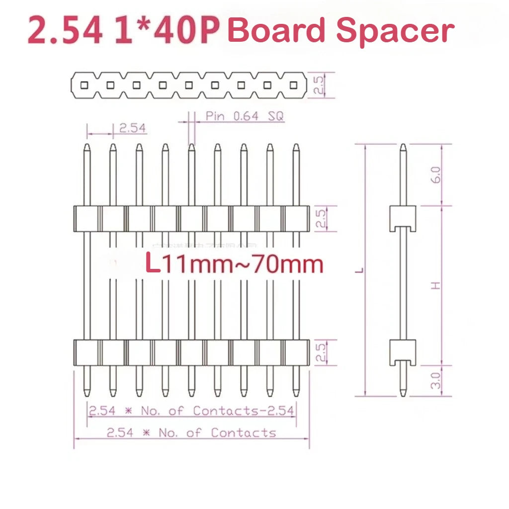 50pcs 2.54mm Single Row Double Plastic Extended Pin Breakable Rohs 1x40P Needle L25/30/45/50/50/58/70/78.mm