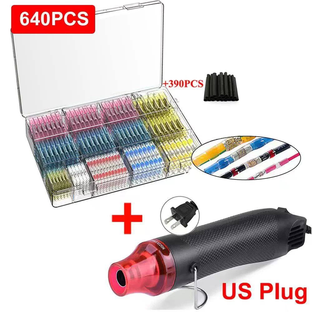 640/250PCS Waterproof Heat Shrink Butt Crimp Terminals Solder Seal Electrical Wire Cable Splice Terminal Kit with Hot Air Gun