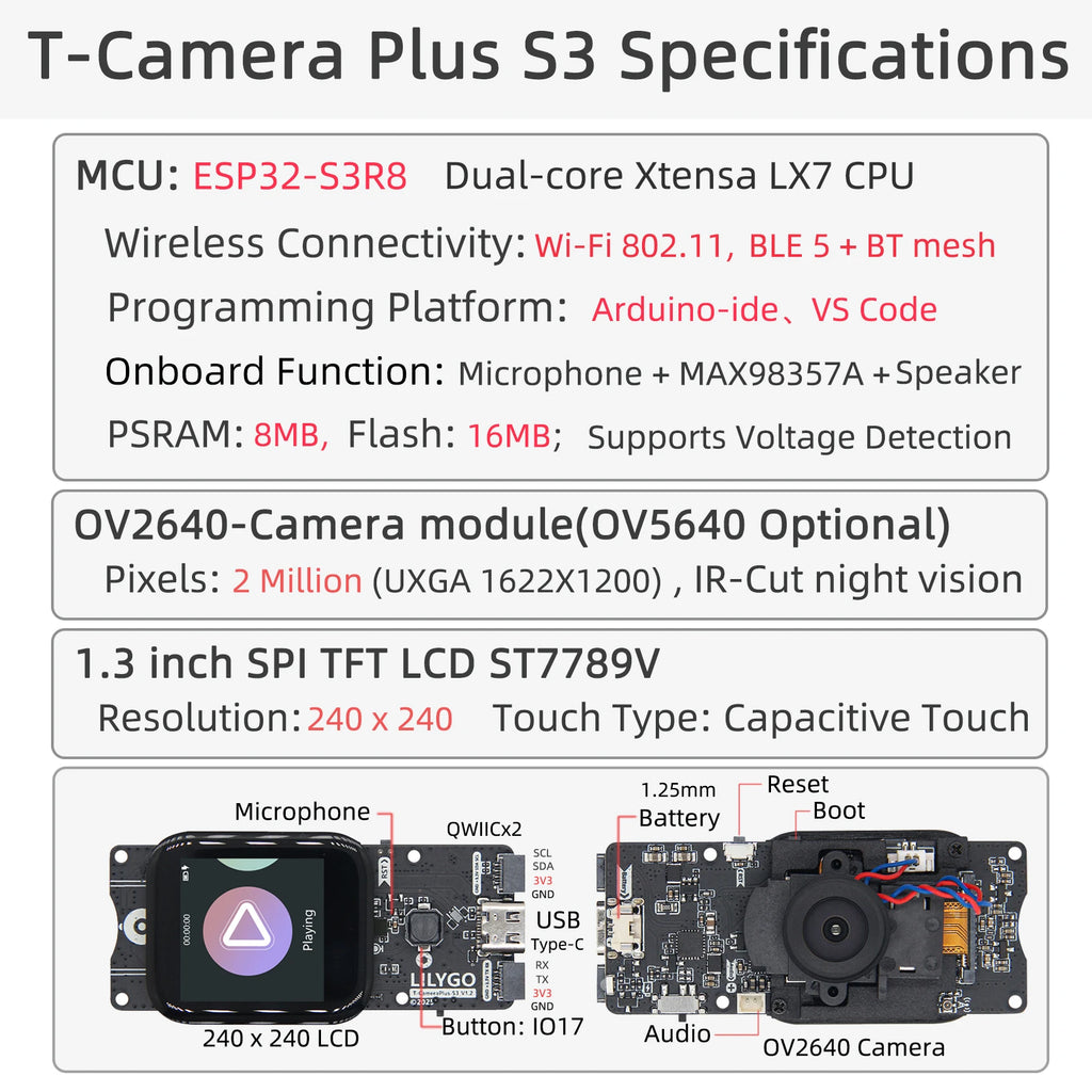 T-Camera Plus S3 ESP32-S3 OV2640 Development Board 1.3 Inch LCD Microphone + MAX98357A + Speaker Kit ESP32-S3 Camera