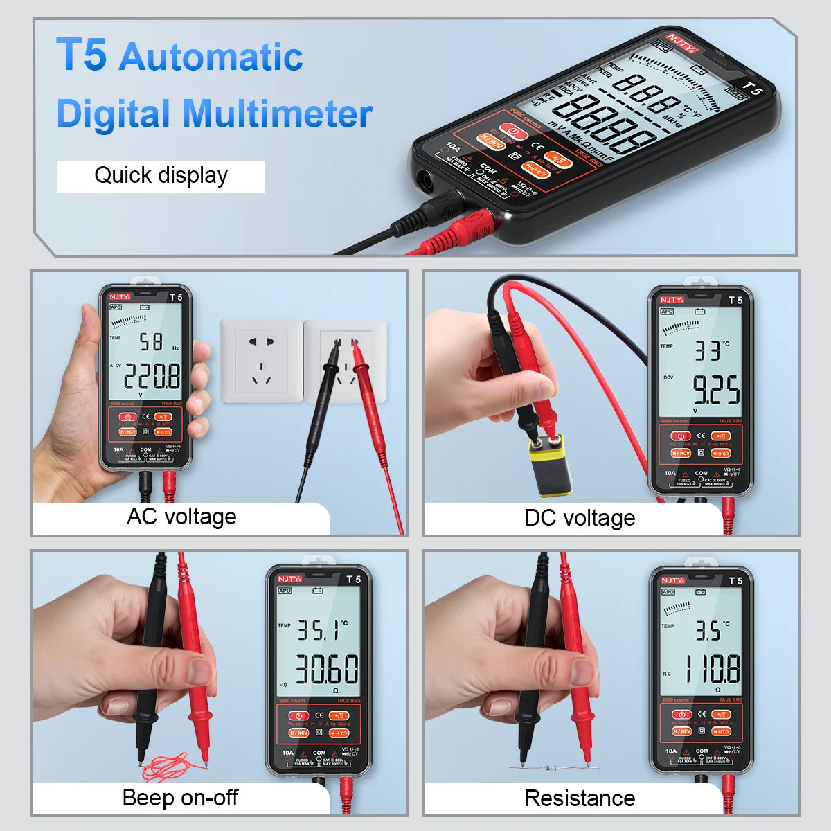 NJTY T5 Smart Digital Multimeter True RMS 6000 Counts Auto-Ranging 600V AC/DC Voltage Current Capacitance Temperature Tester