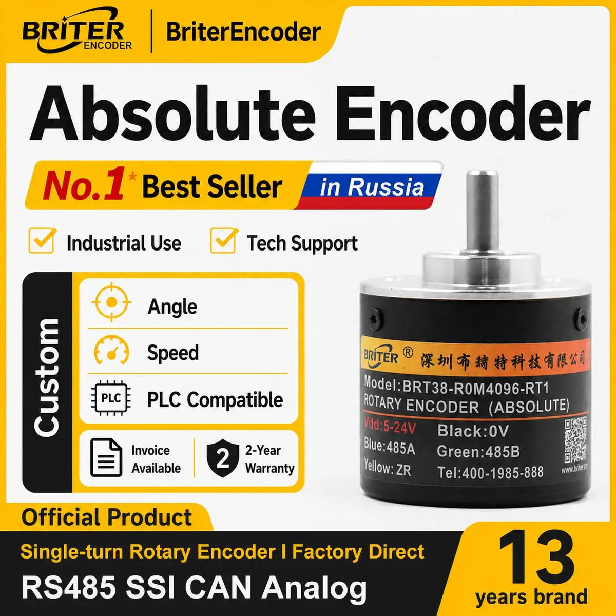 Briterencoder Single-turn Absolute Rotary Encoder SSI/RS485/Analog Output Waterproof, Power-Off Memory for Angle  & Speed