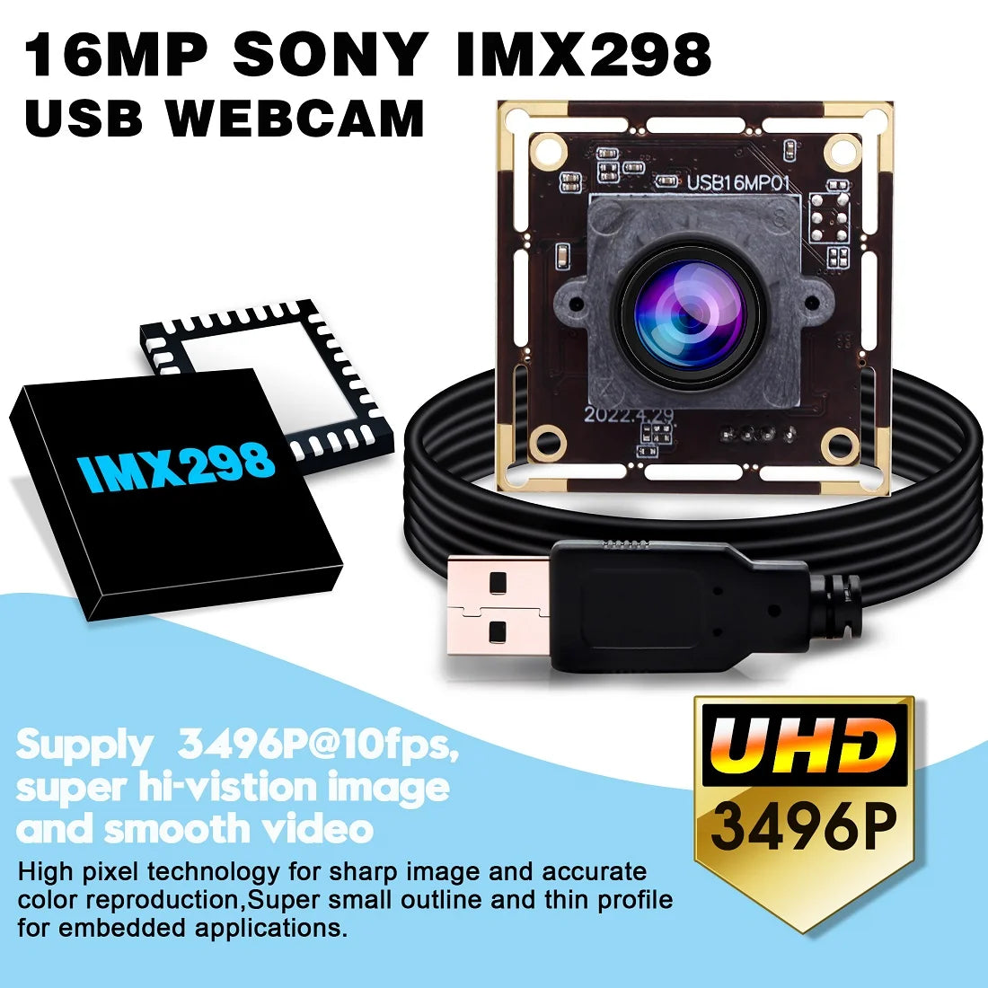 ELP 16MP Mini Webcam IMX298 Color Sensor HD USB Camera Module 4656x3496 Embedded Camera for PC Laptop Computer