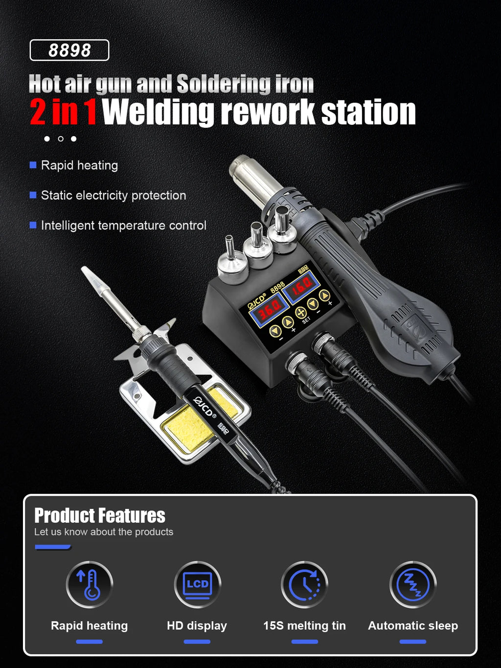 JCD 8898 Soldering Station 2 In 1 Soldering Iron Hot Air Rework Welding Station with Sleep Mode For BGA PCB IC SMD Repair Tools