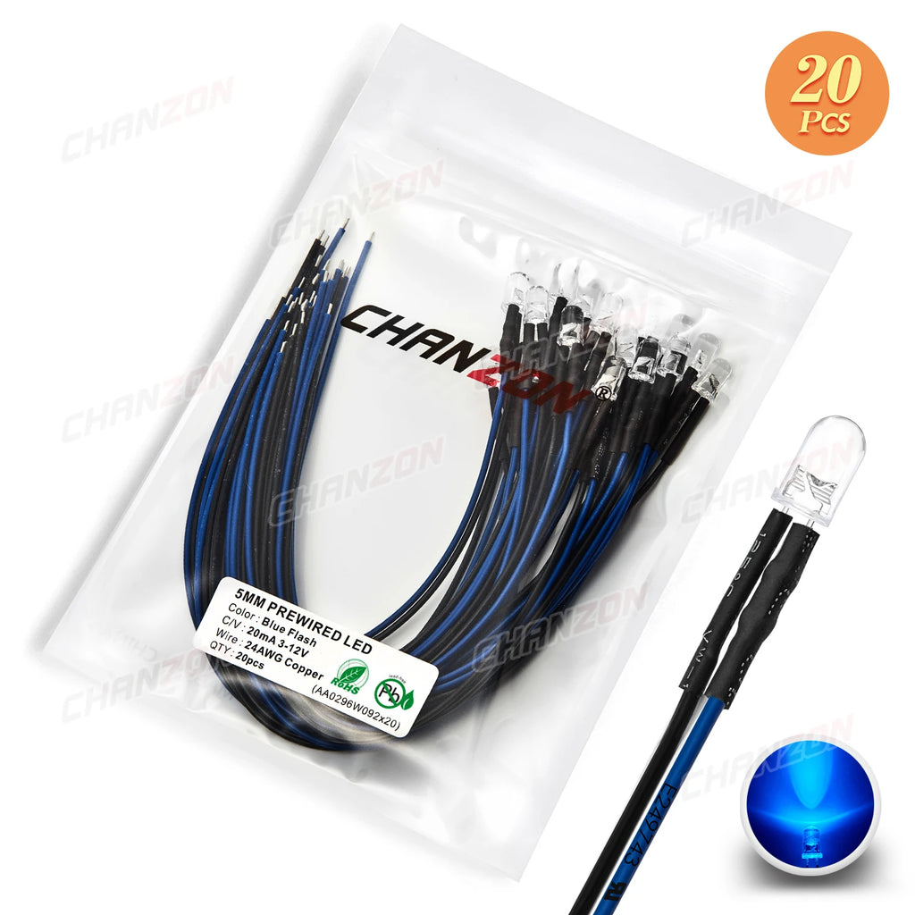 20pcs 5mm 12V LED Diode Flashing Prewired Light Beads Blinking White Red Green Blue Yellow RGB Fast Slow Flash DIY Pre Wire Lamp