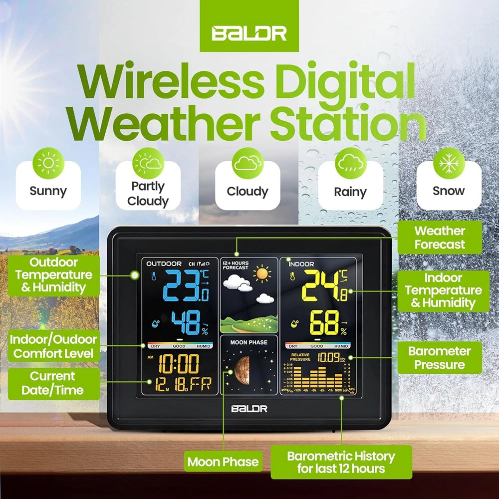 Baldr Weather Station Atomic Digital Alarm Clock Calendar Wireless Humidity Temperature Trend Meter Moon Phase Barometer Sensor