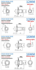 8 10 12 16 19 22mm high head small Waterproof Metal Push Button Switch LED Light Self-locking/Self-reset 3/6/12/24V