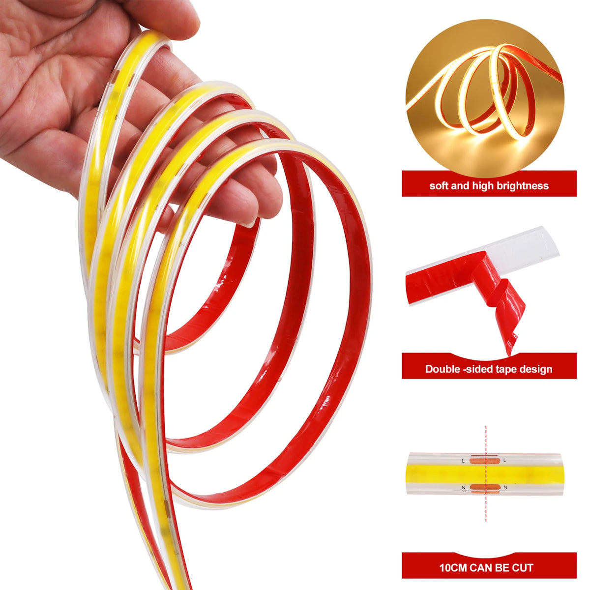 220V Self-adhesive LED Strip 10cm Cuttable Waterproof COB LED Strip No Need Driver Flexible Tape for Kitchen Home Garden Decor