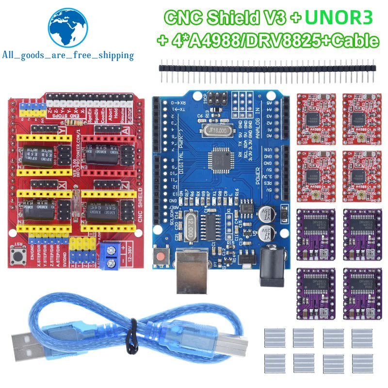 TZT CNC Shield V3 Engraving Machine 3D Printe+ 4pcs DRV8825 Or A4988 Driver Expansion Board For Arduino + UNOR3 With USB Cable