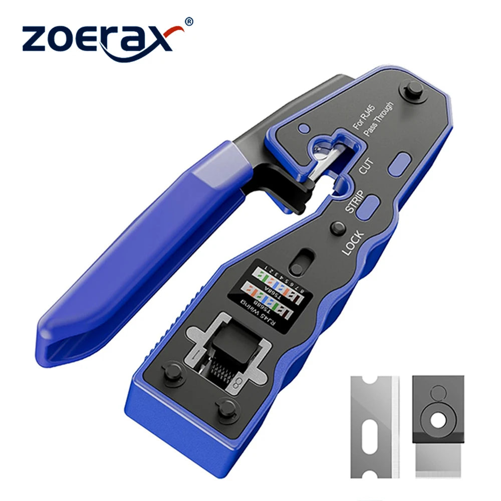 ZOERAX RJ45 Crimp Tool Ethernet Crimping Tool All-in-one Crimper For Pass Through Cat6 Cat5e Connectors With Replacement Blades