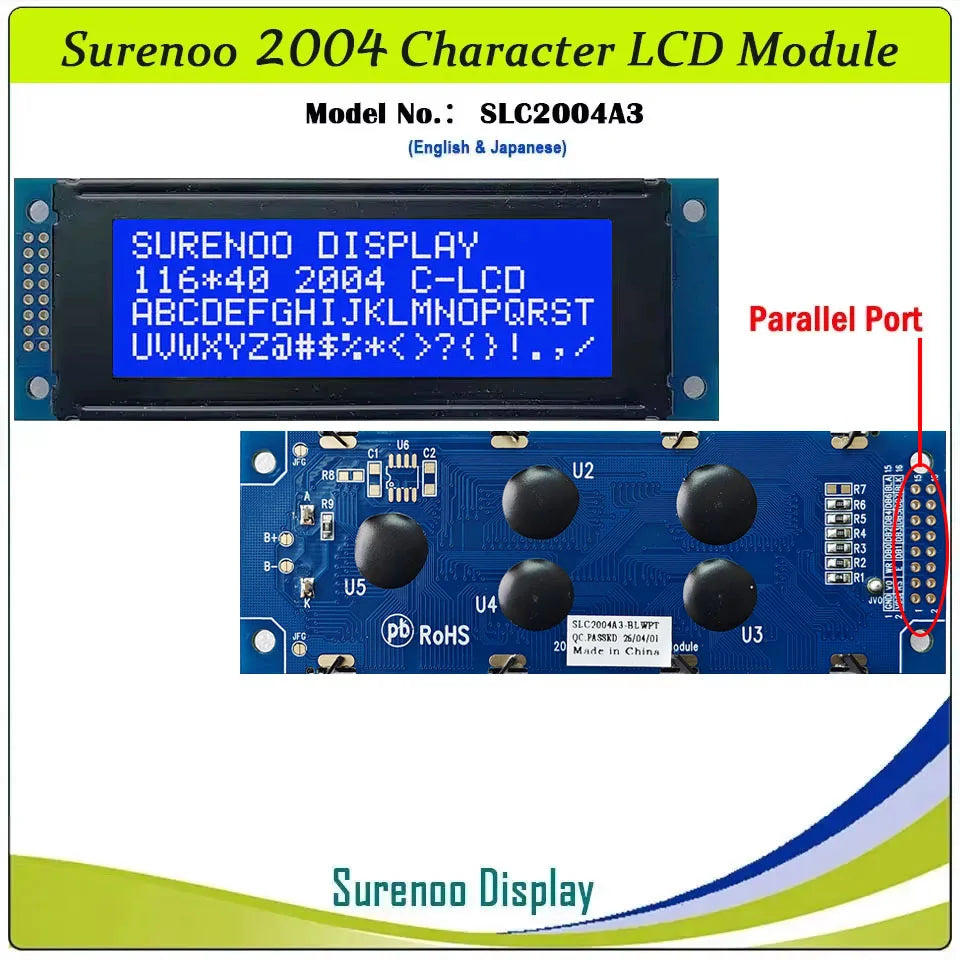 Surenoo 116*40MM 2*8Pin 204 20X4 2004 6800 IIC I2C Character LCD Module Display Screen LCM White LED Backlight English Japanese