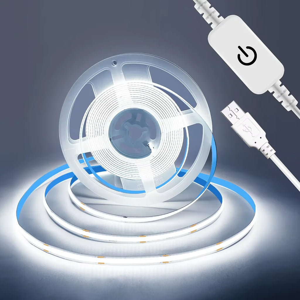 LED COB Light Strip Touch Dimmer Flexible Diode Tape 5V USB Linear Indoor Lighting Lamp Room DIY TV Mirror Backlight Wall Decor