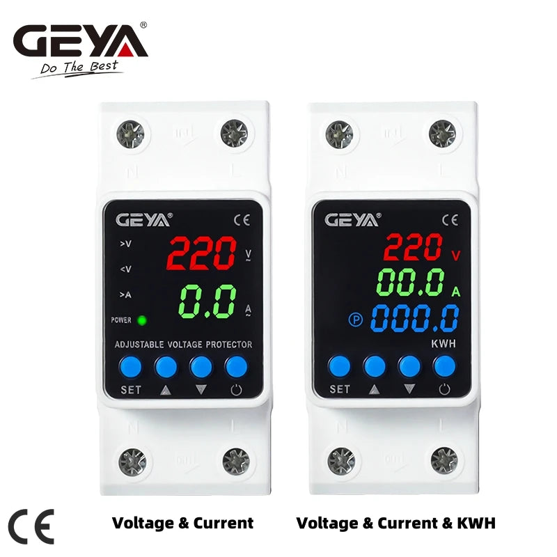 GEYA Din Rail Adjustable Over Voltage Under Voltage Protection Device 40A 63A 80A 220VAC Digital Display Voltage Protector