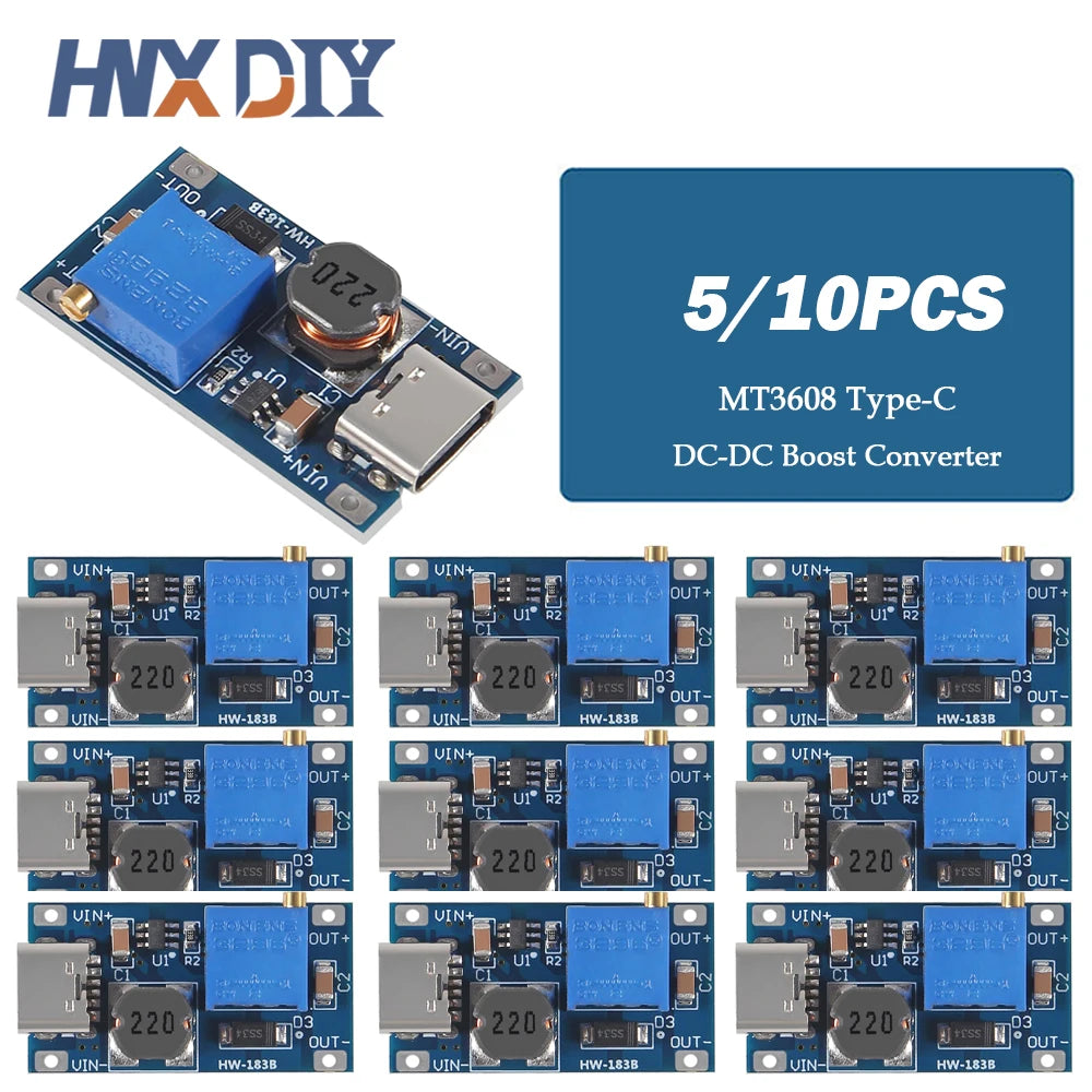 5/10pcs MT3608 DC-DC Step Up Converter Booster 3608 Type-C Power Supply Module Boost Step-up Board MAX output 28V 2A Micro USB